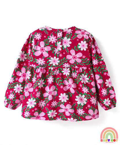 Cotton Knit Full Sleeves Foral Printed Top - Dark Pink